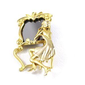 Gold-Tone Vintage Brooch With Woman Looking Into Mirror Design